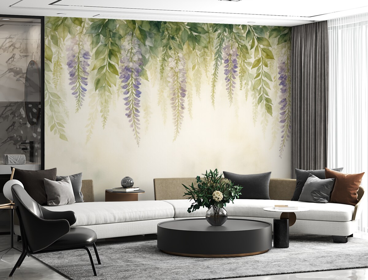 Fototapeta Dekoracja z kwiatów glicynii, florystyczna, akwarelowe barwy, naturalne odcienie.