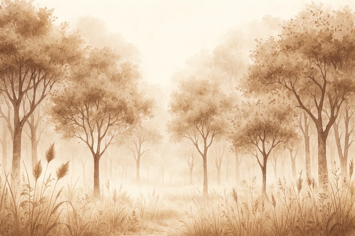 Fototapeta Las akwarelowy z trawą oraz drzewami, odcień beżowy.