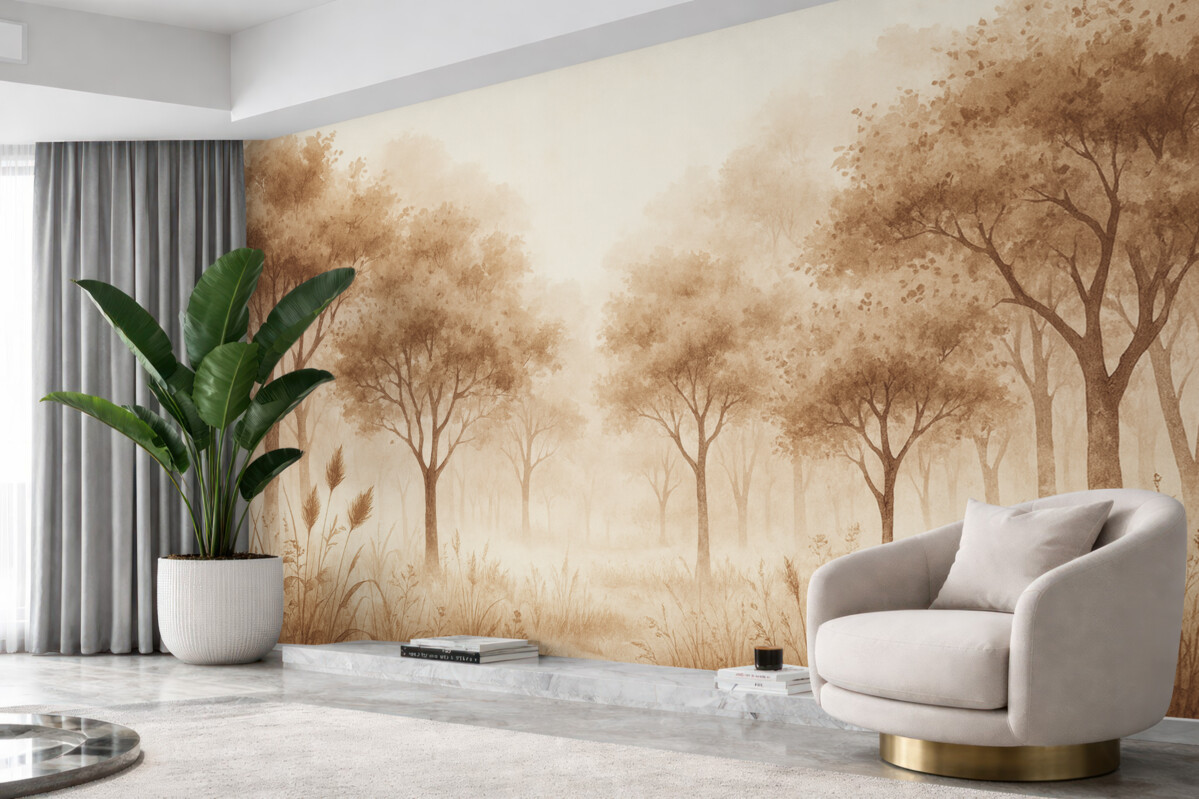 Fototapeta Las akwarelowy z trawą oraz drzewami, odcień beżowy.