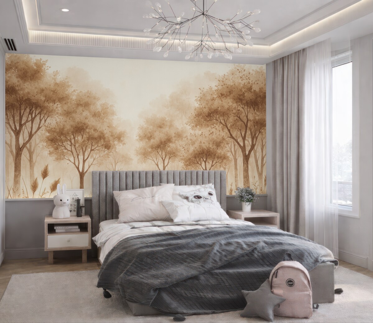 Fototapeta Las akwarelowy z trawą oraz drzewami, odcień beżowy.