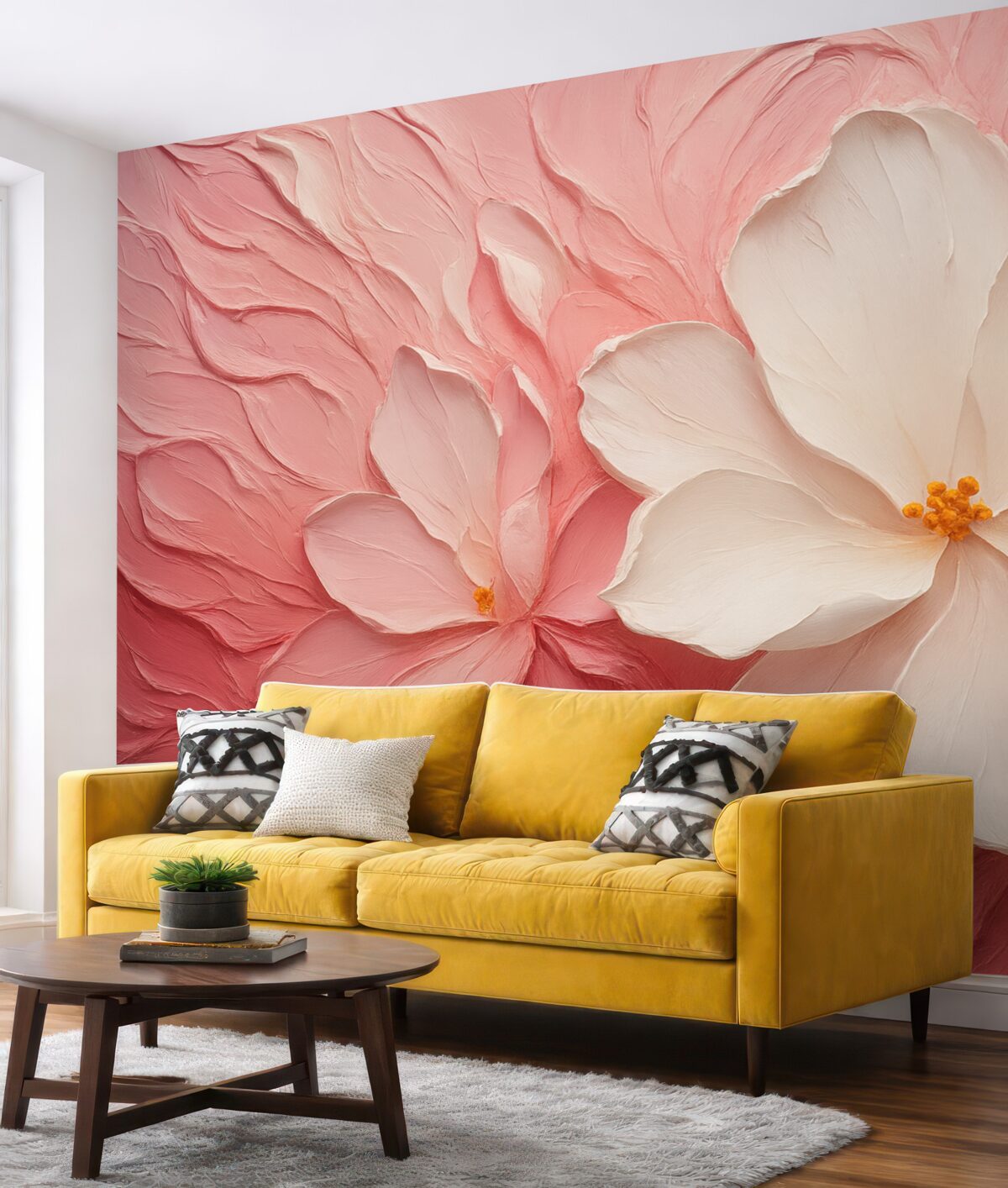 Fototapeta Białe abstrakcyjne kwiaty namalowane różową farbą.