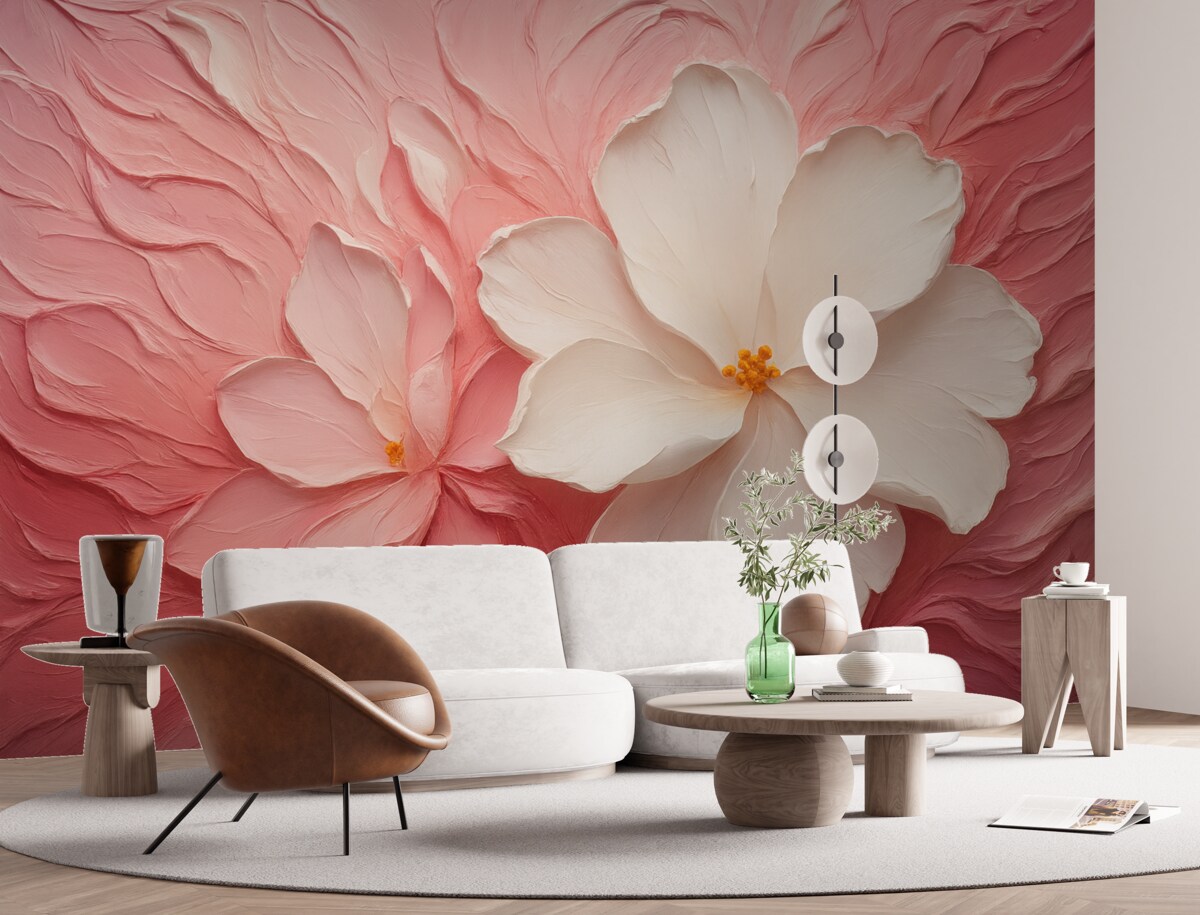 Fototapeta Białe abstrakcyjne kwiaty namalowane różową farbą.