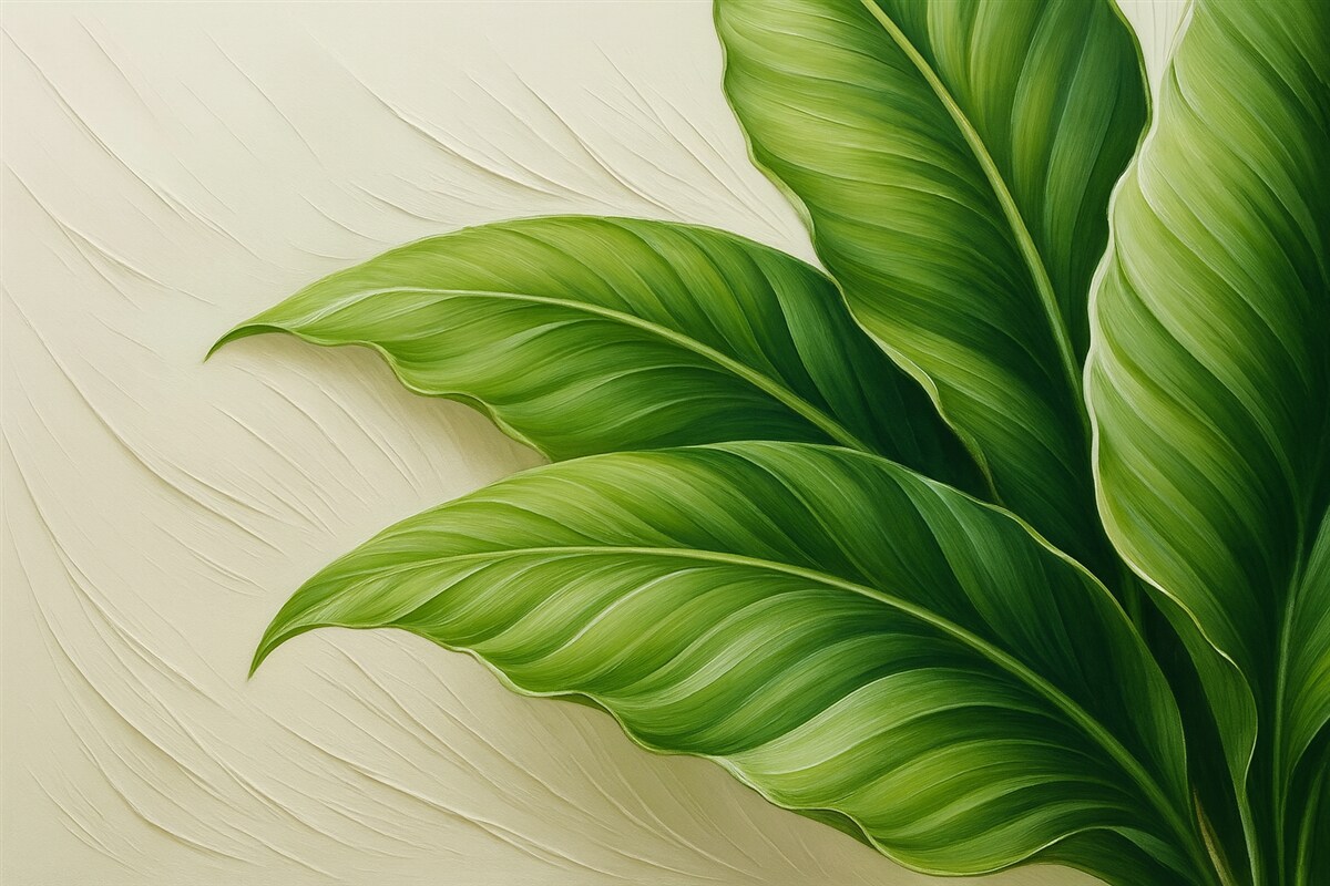 Fototapeta Zielone liście na jasnej reprodukcji ruchów pędzla.