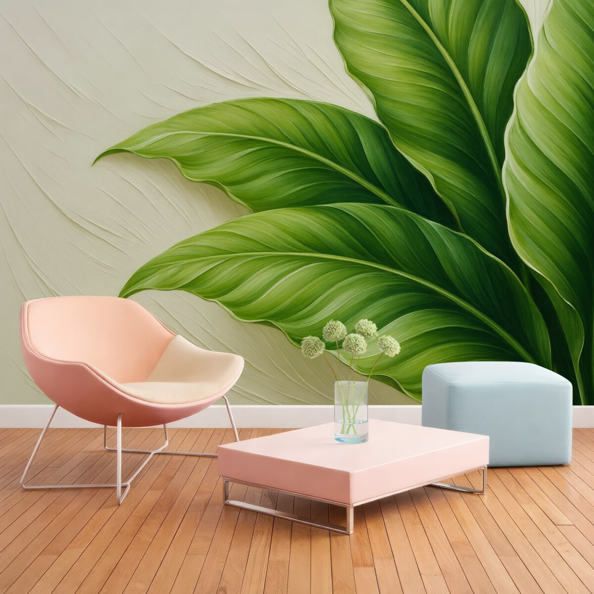 Fototapeta Zielone liście na jasnej reprodukcji ruchów pędzla.