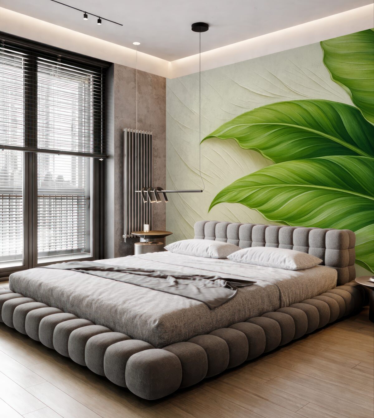 Fototapeta Zielone liście na jasnej reprodukcji ruchów pędzla.