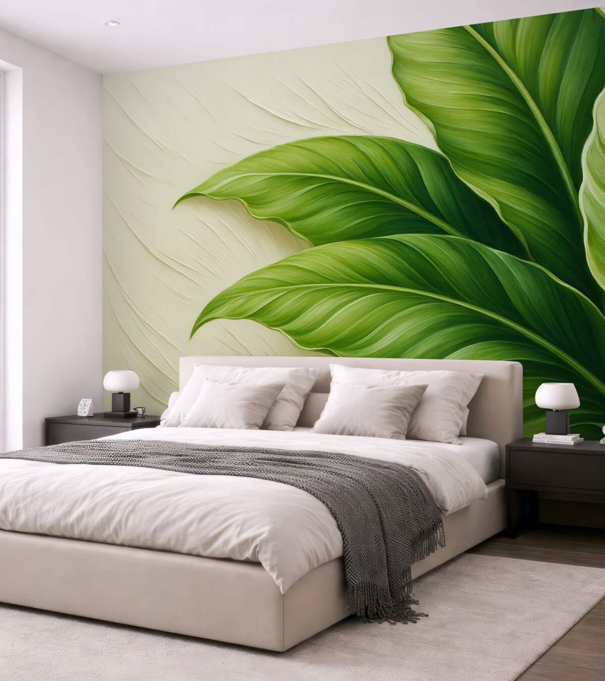 Fototapeta Zielone liście na jasnej reprodukcji ruchów pędzla.