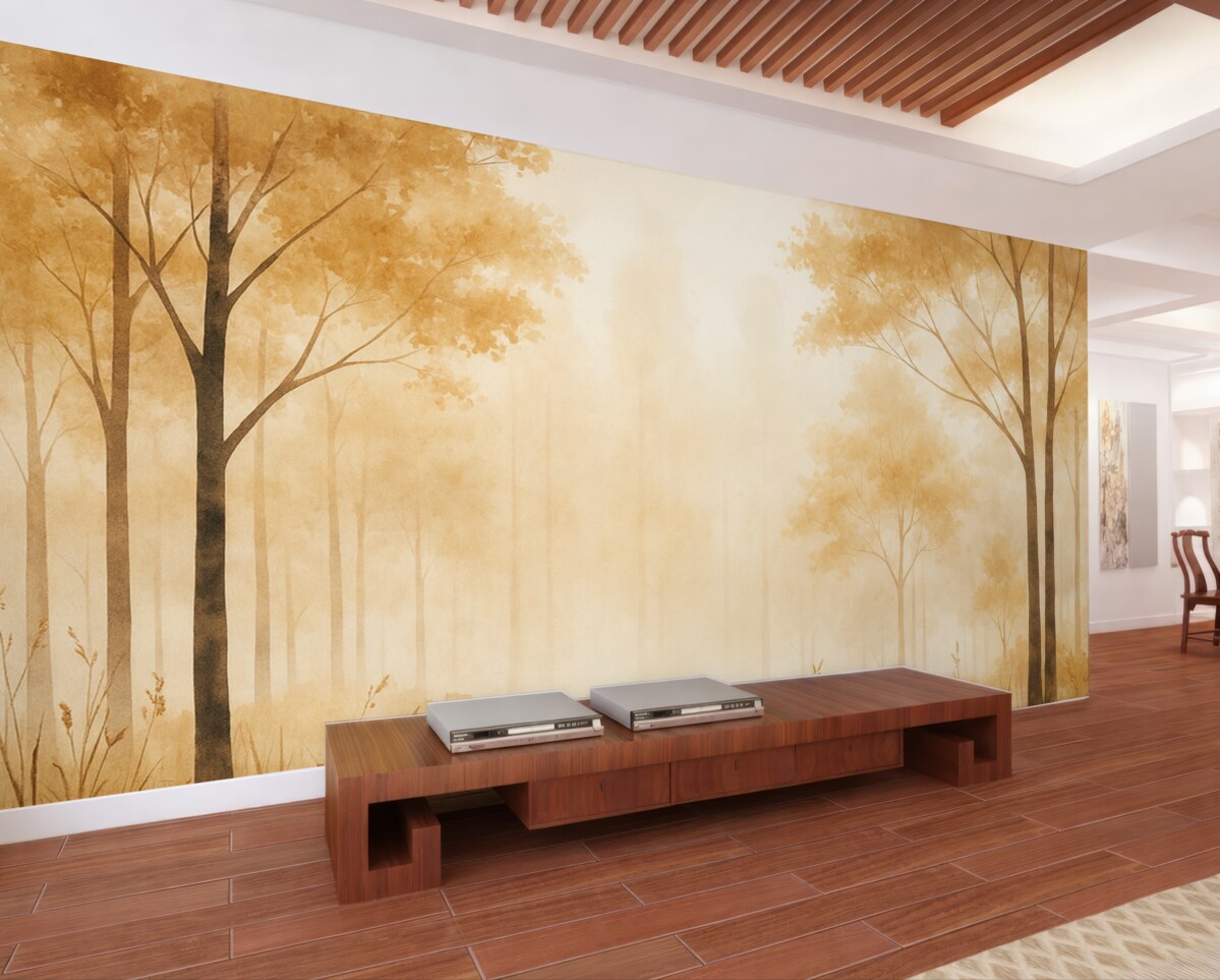 Fototapeta Akwarela z lasem, mgła, drzewa, trawa, przyrodniczy pejzaż, odcień beżowy.