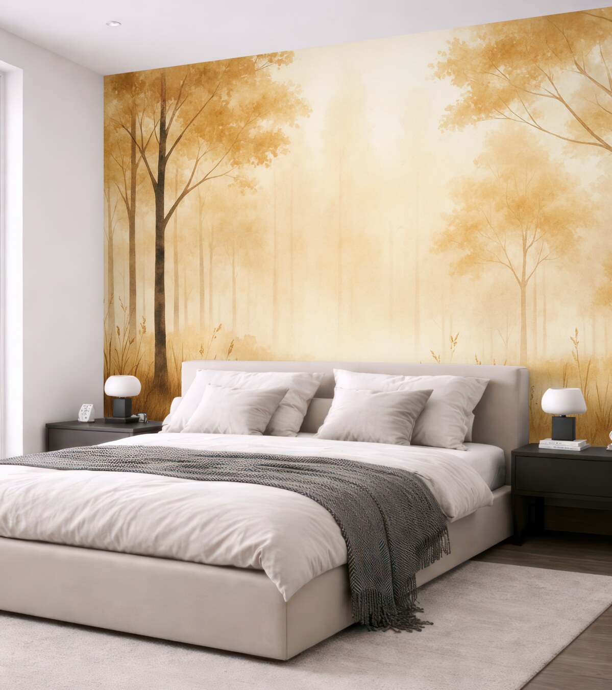 Fototapeta Akwarela z lasem, mgła, drzewa, trawa, przyrodniczy pejzaż, odcień beżowy.