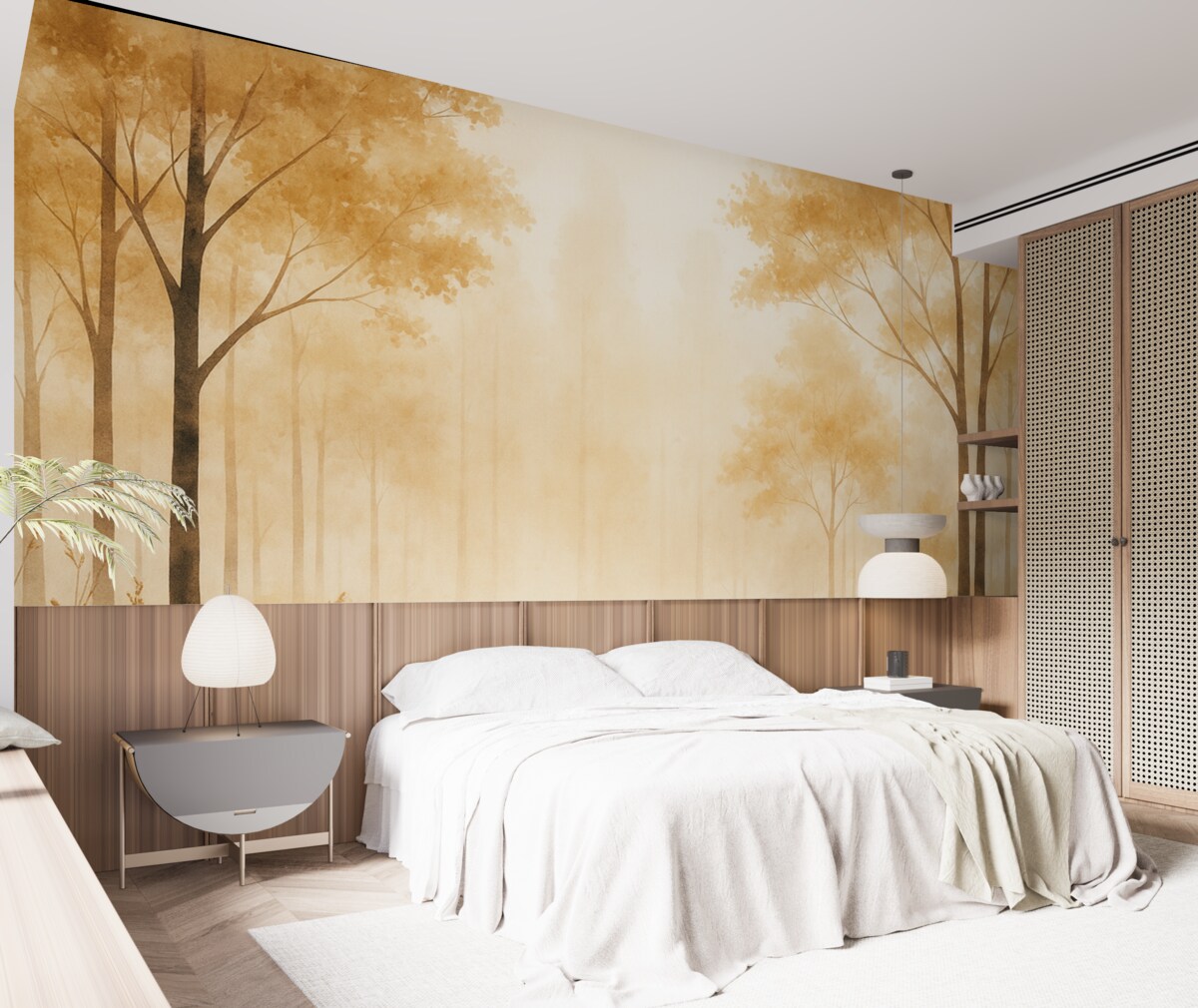 Fototapeta Akwarela z lasem, mgła, drzewa, trawa, przyrodniczy pejzaż, odcień beżowy.