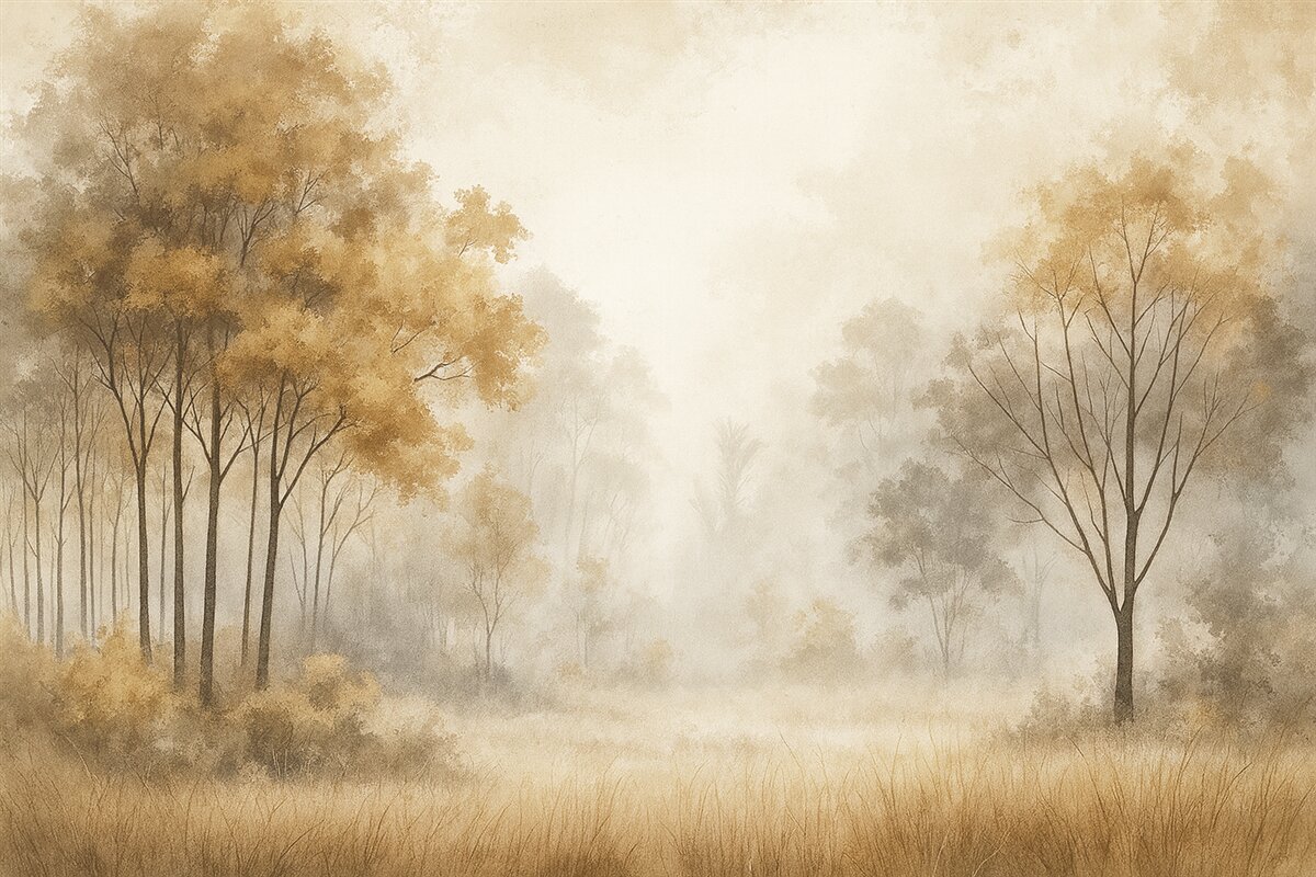 Fototapeta Pejzaże przyrody, drzewa w lesie, faktura grunge, beżowe odcienie.