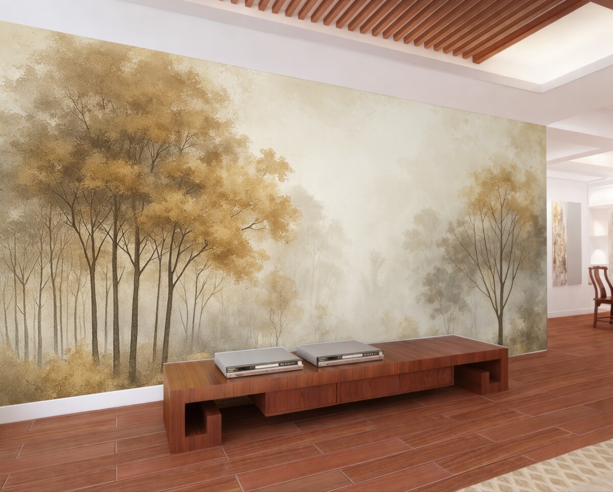 Fototapeta Pejzaże przyrody, drzewa w lesie, faktura grunge, beżowe odcienie.