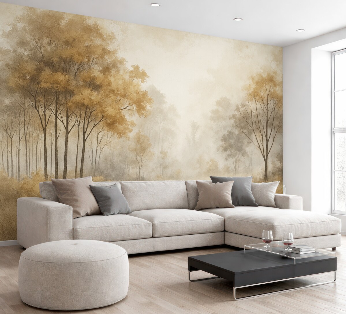 Fototapeta Pejzaże przyrody, drzewa w lesie, faktura grunge, beżowe odcienie.