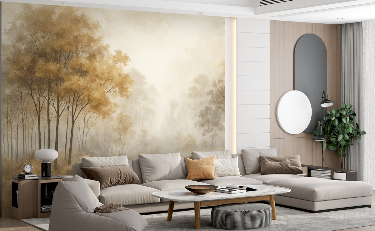 Fototapeta Pejzaże przyrody, drzewa w lesie, faktura grunge, beżowe odcienie.