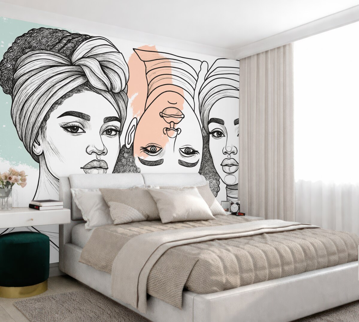 Fototapeta Trzy panie, dama z wzorami, subtelne barwy, abstrakcyjność.