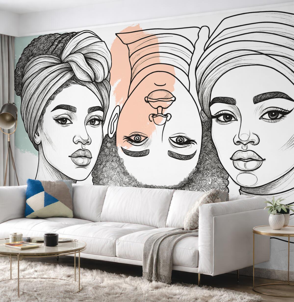 Fototapeta Trzy panie, dama z wzorami, subtelne barwy, abstrakcyjność.