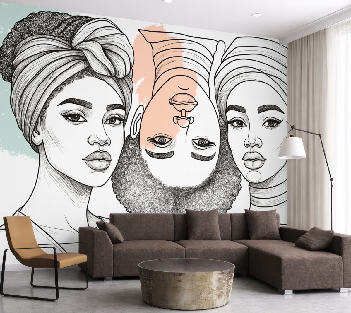 Fototapeta Trzy panie, dama z wzorami, subtelne barwy, abstrakcyjność.