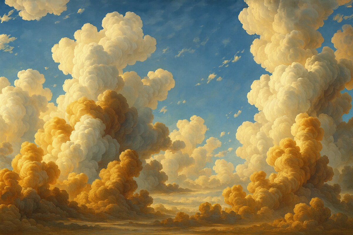 Fototapeta Kłębiące się chmury w ciepłych tonacjach kremu, subtelnej brzoskwini i jasnej bieli na tle intensywnego, żywego błękitu nieba.