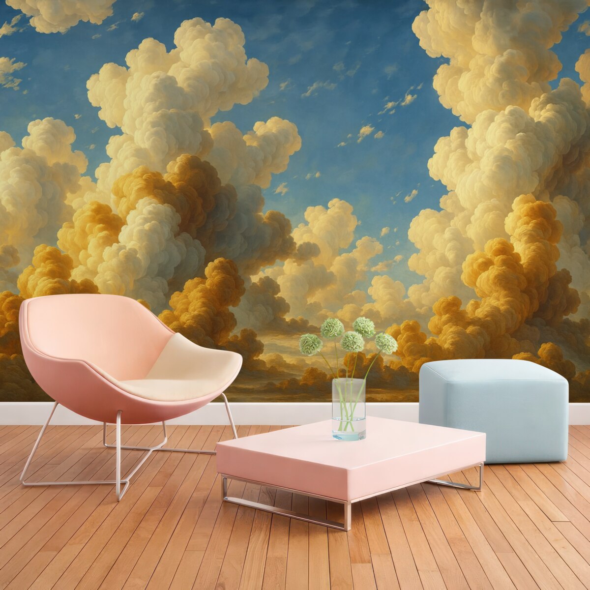 Fototapeta Kłębiące się chmury w ciepłych tonacjach kremu, subtelnej brzoskwini i jasnej bieli na tle intensywnego, żywego błękitu nieba.