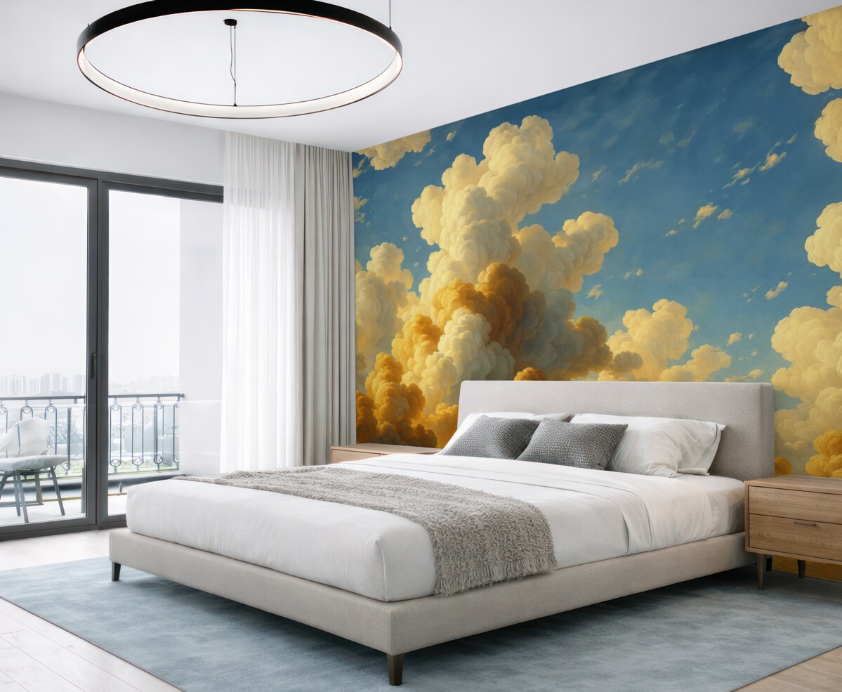 Fototapeta Kłębiące się chmury w ciepłych tonacjach kremu, subtelnej brzoskwini i jasnej bieli na tle intensywnego, żywego błękitu nieba.