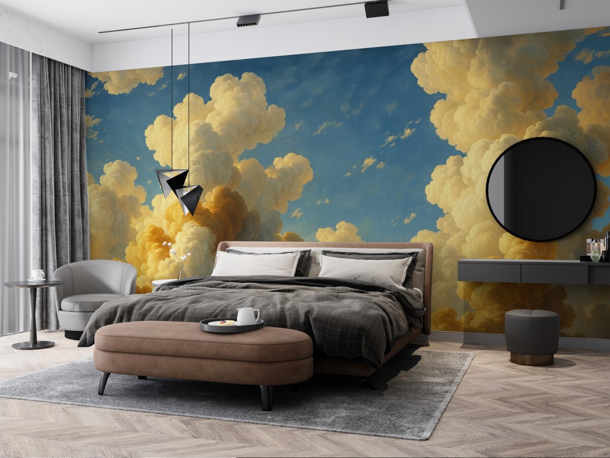 Fototapeta Kłębiące się chmury w ciepłych tonacjach kremu, subtelnej brzoskwini i jasnej bieli na tle intensywnego, żywego błękitu nieba.