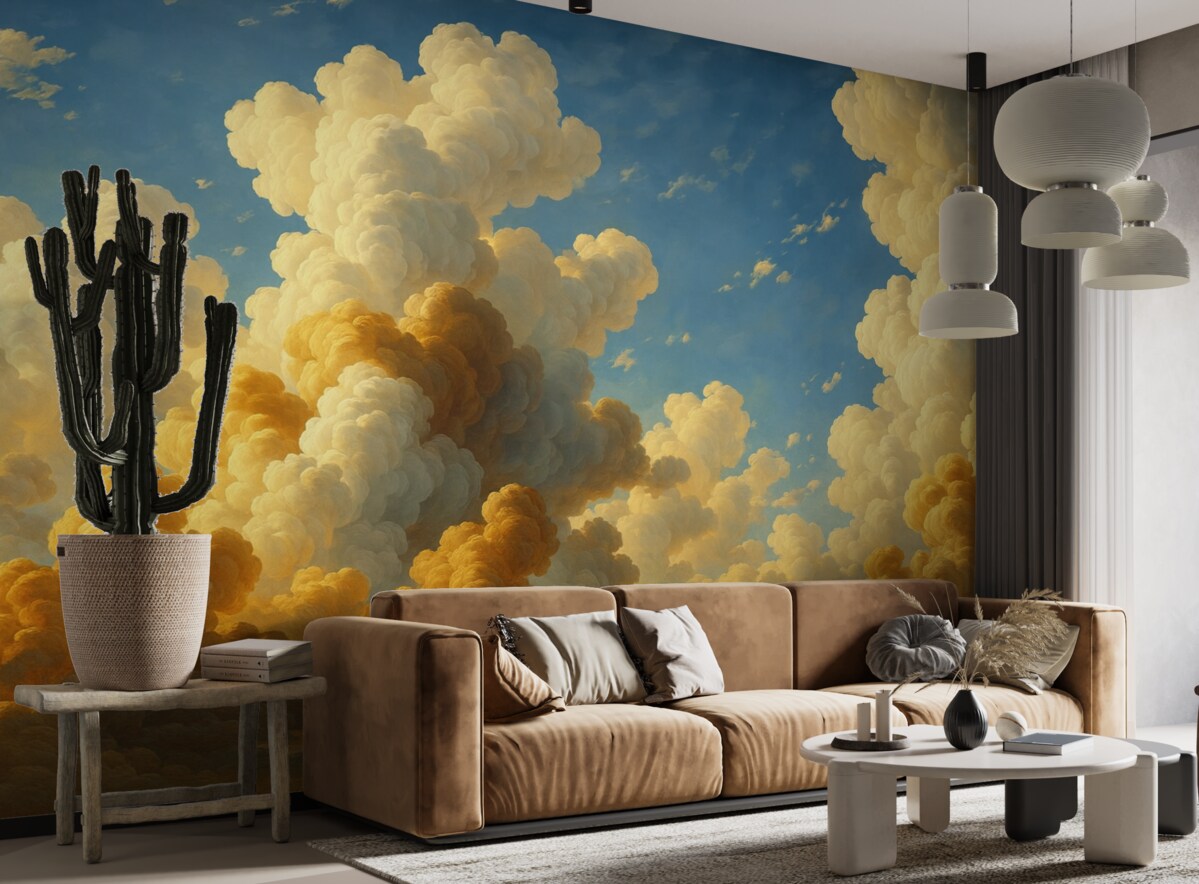 Fototapeta Kłębiące się chmury w ciepłych tonacjach kremu, subtelnej brzoskwini i jasnej bieli na tle intensywnego, żywego błękitu nieba.