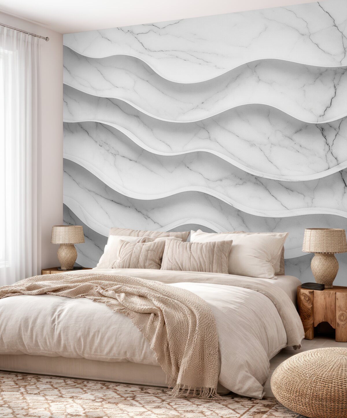 Fototapeta Abstrakcyjna kompozycja gładkich, falujących struktur przypominających marmur w jasnych tonach bieli i szarości.