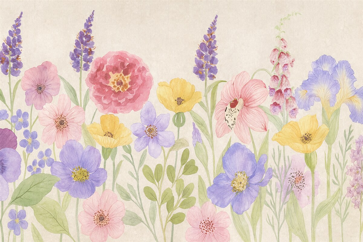 Fototapeta Kwiaty dzikie, jasne kwiaty, kwiaty na szarej powierzchni, akwarela.