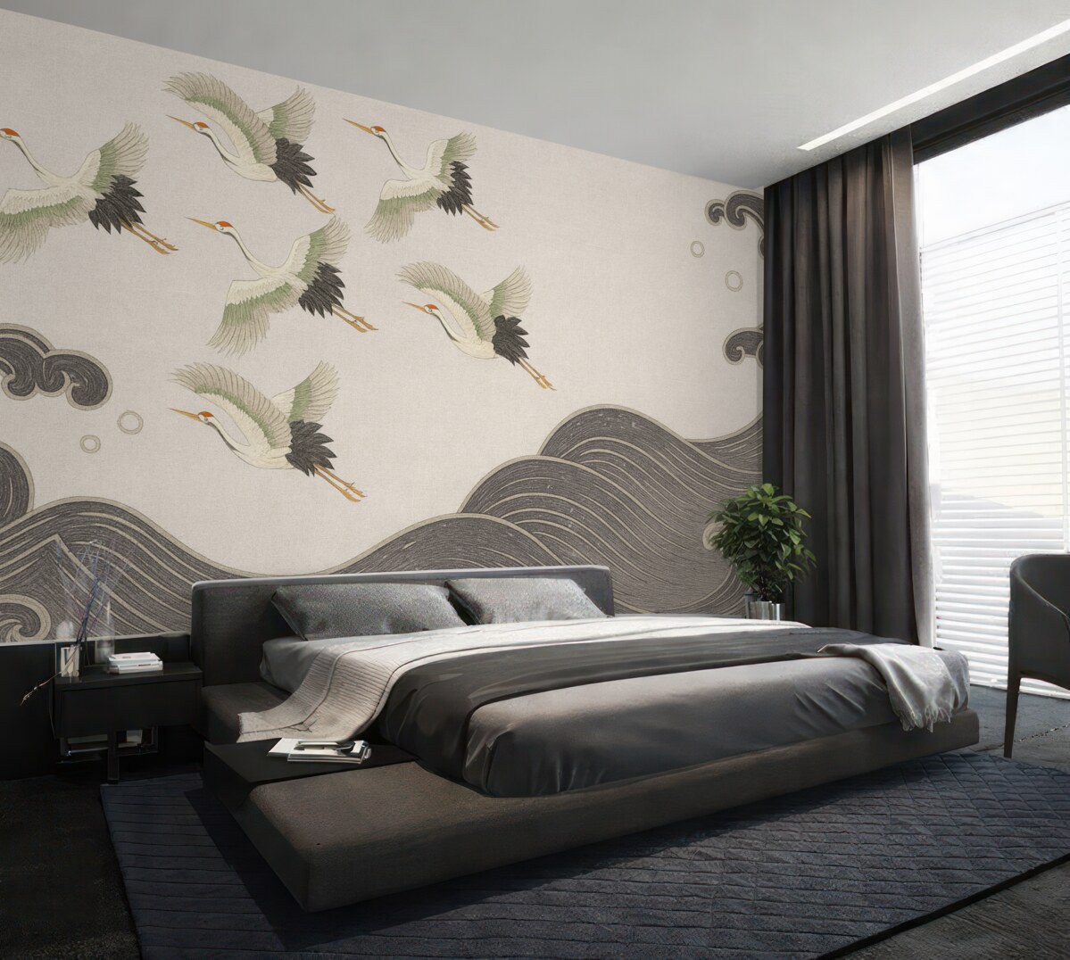 Fototapeta żurawie, szara odmiana, japońska estetyka