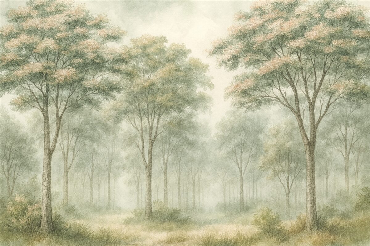 Fototapeta Sylwetka niejasnego lasu w odcieniach zieleni, jasnego szarości i beżu.