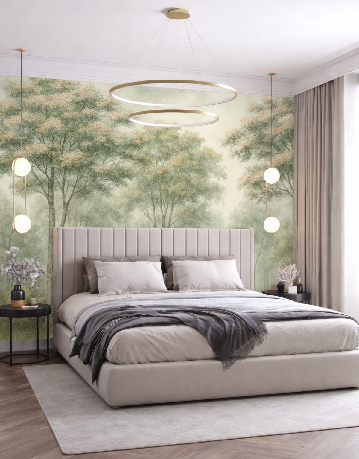 Fototapeta Sylwetka niejasnego lasu w odcieniach zieleni, jasnego szarości i beżu.