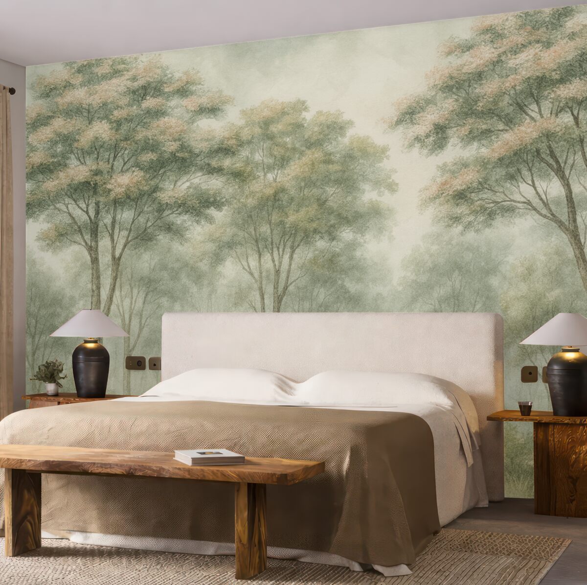 Fototapeta Sylwetka niejasnego lasu w odcieniach zieleni, jasnego szarości i beżu.