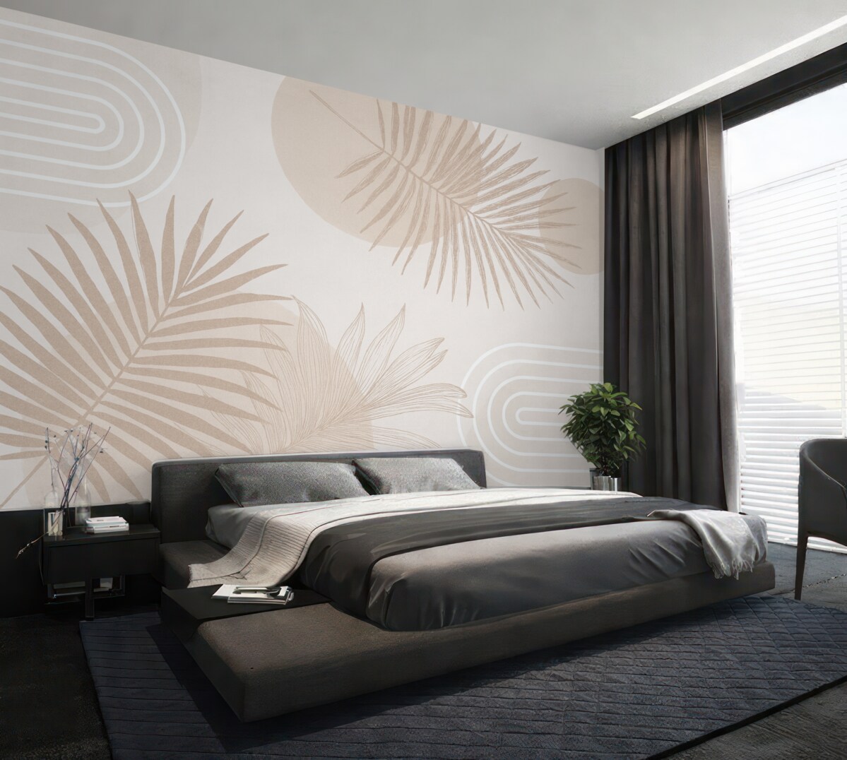 Fototapeta Tapeta w geometryczny wzór z liśćmi palmowymi w stylu boho.