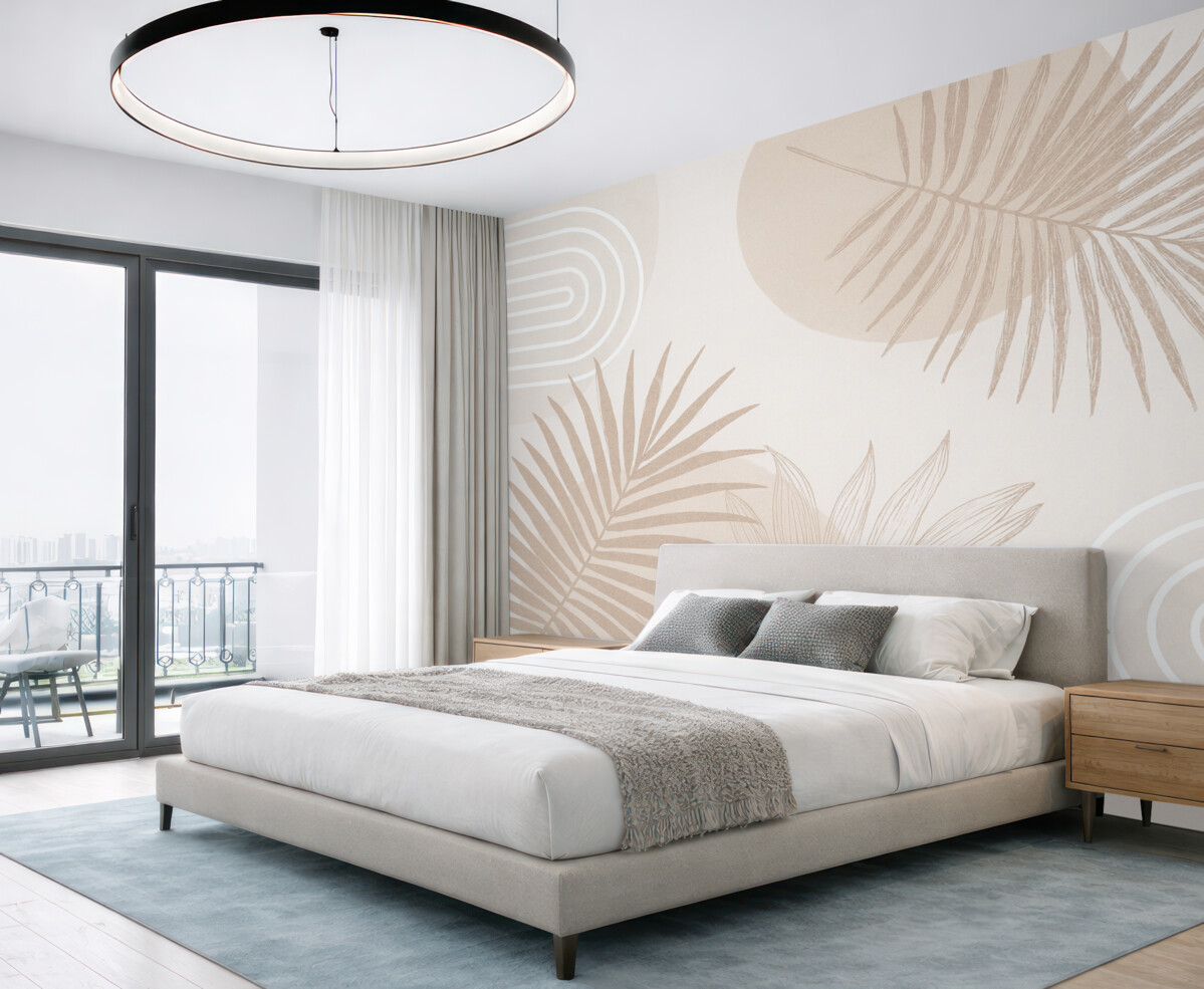 Fototapeta Tapeta w geometryczny wzór z liśćmi palmowymi w stylu boho.