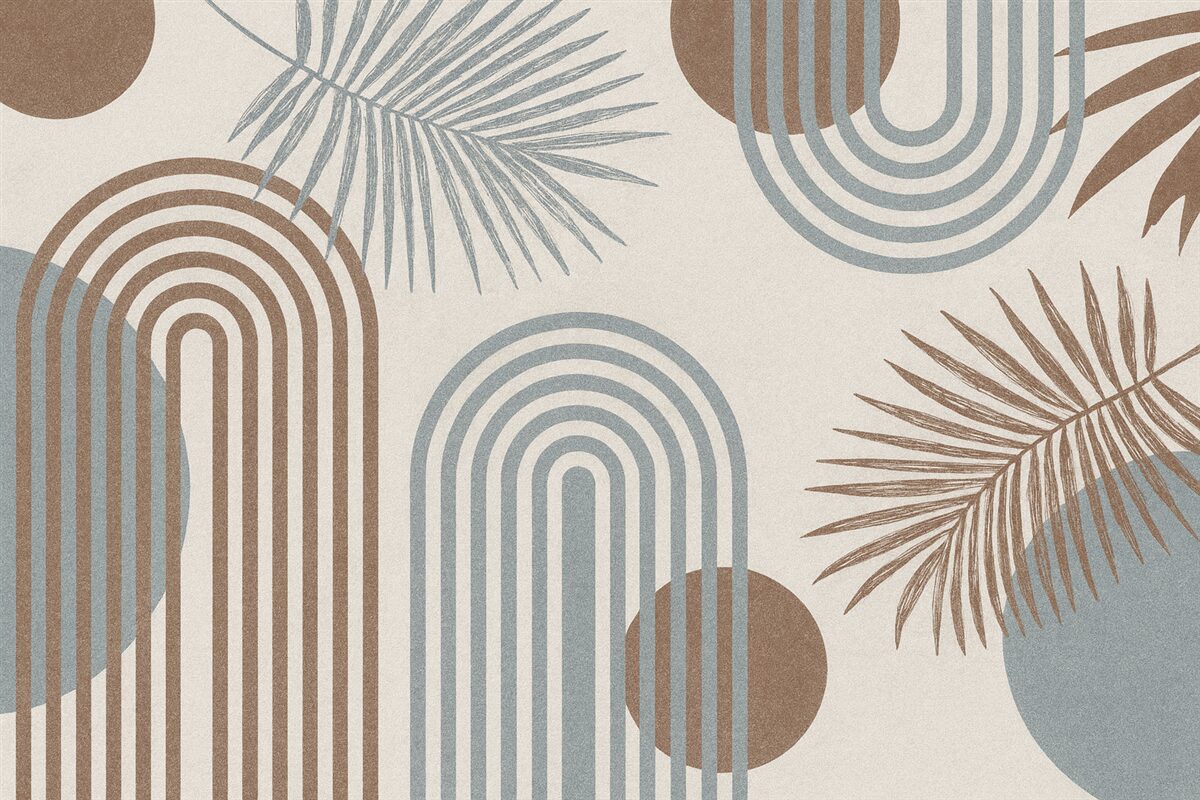 Fototapeta Tapeta z geometrycznymi wzorami i palmami w stylu boho.