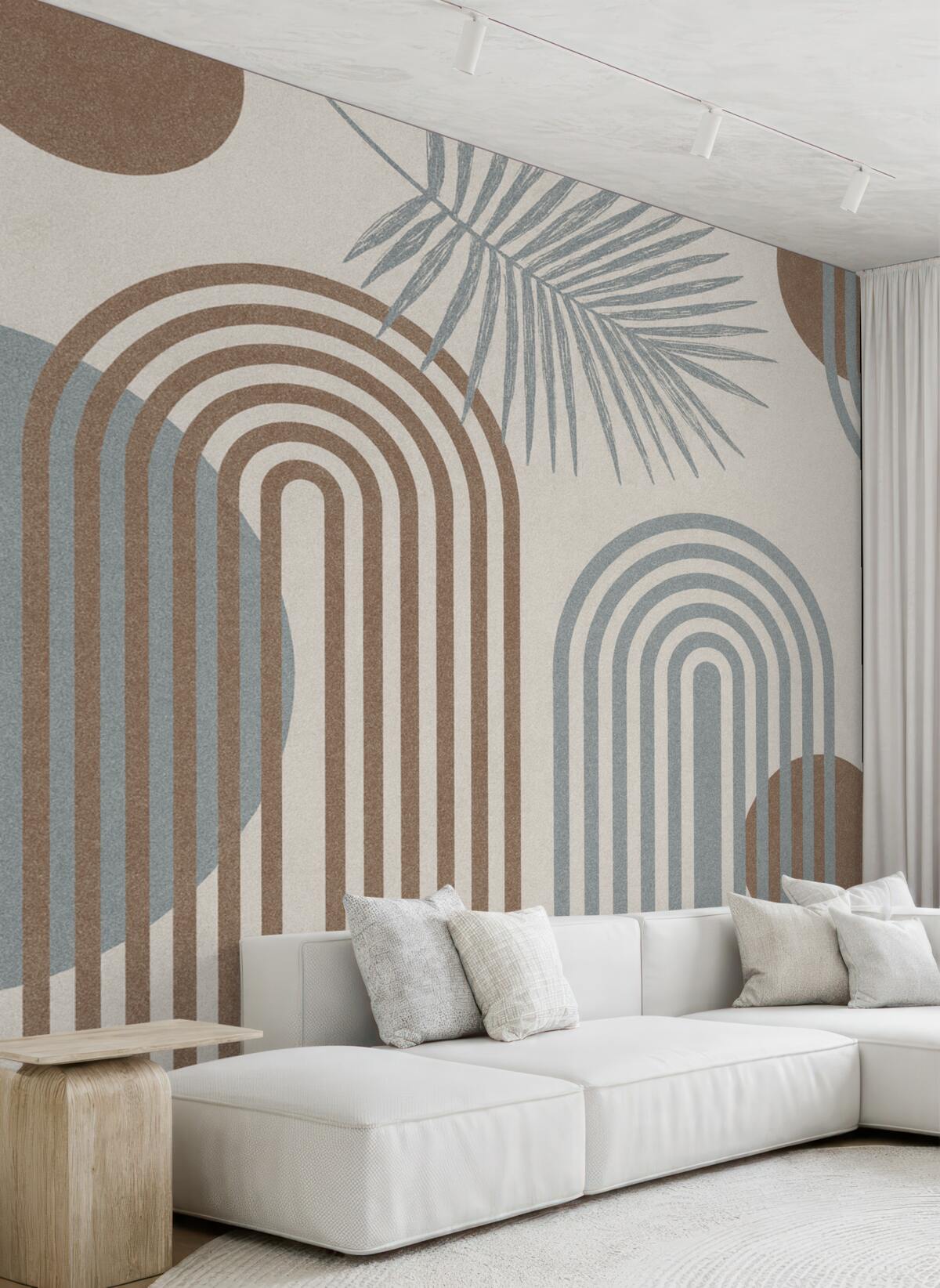 Fototapeta Tapeta z geometrycznymi wzorami i palmami w stylu boho.