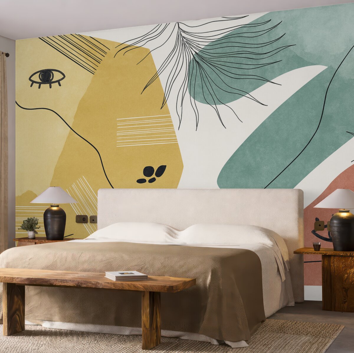 Fototapeta Abstrakcyjne geometryczne formy z liniami, żółty, niebieski, czerwony odcień.