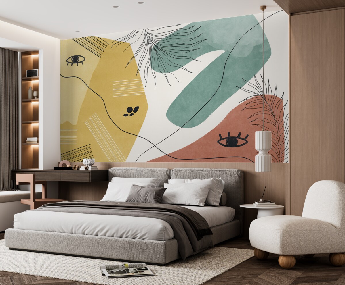 Fototapeta Abstrakcyjne geometryczne formy z liniami, żółty, niebieski, czerwony odcień.