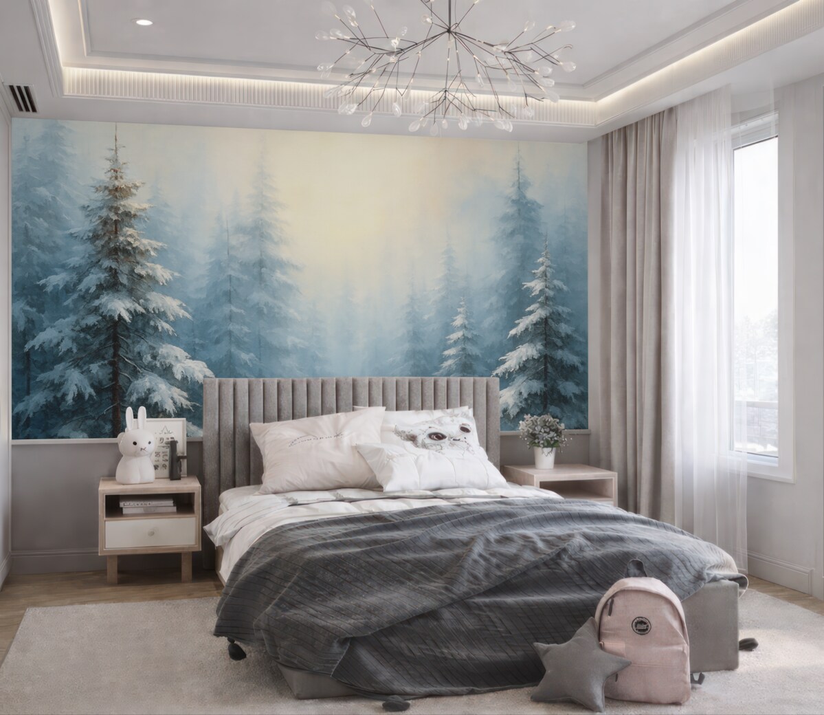 Fototapeta Las jodłowy w mgle, odcień niebieski.