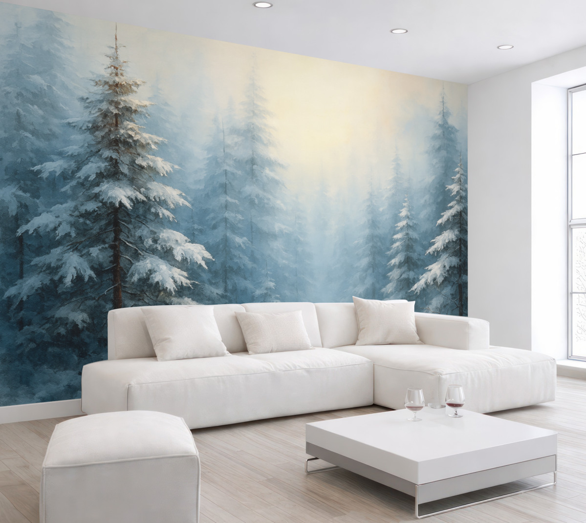 Fototapeta Las jodłowy w mgle, odcień niebieski.