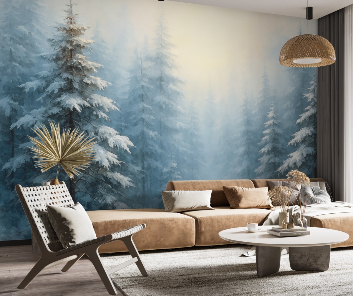 Fototapeta Las jodłowy w mgle, odcień niebieski.