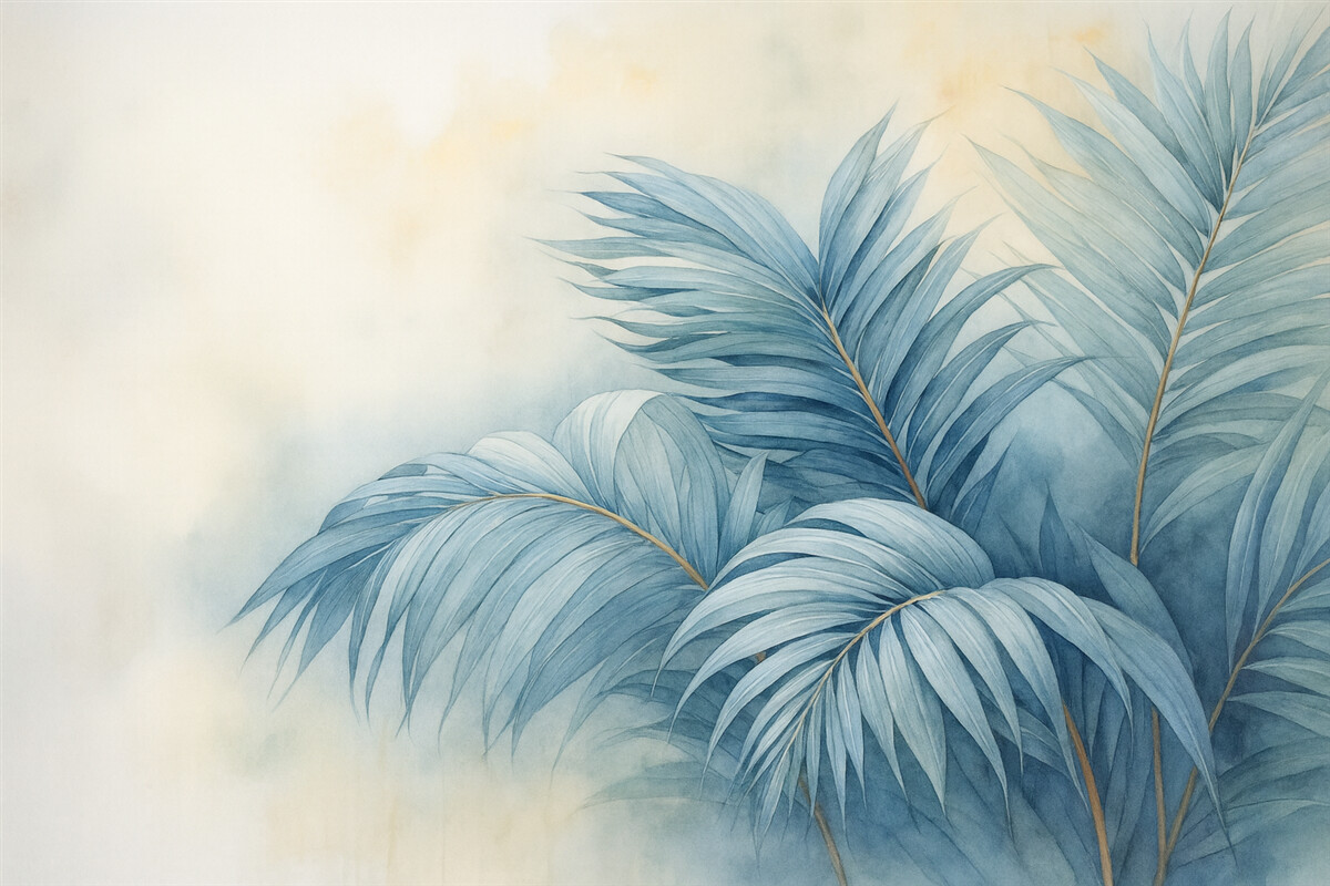 Fototapeta Błękitne liście palmy w otoczeniu mgły.