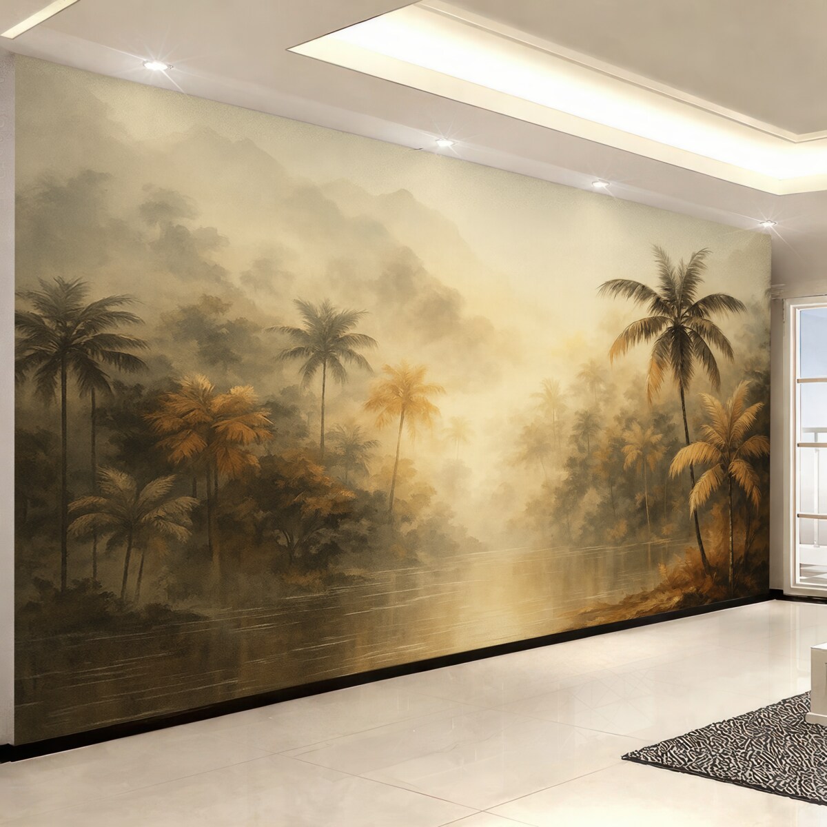 Fototapeta Tropikalny las z palmami o poranku.