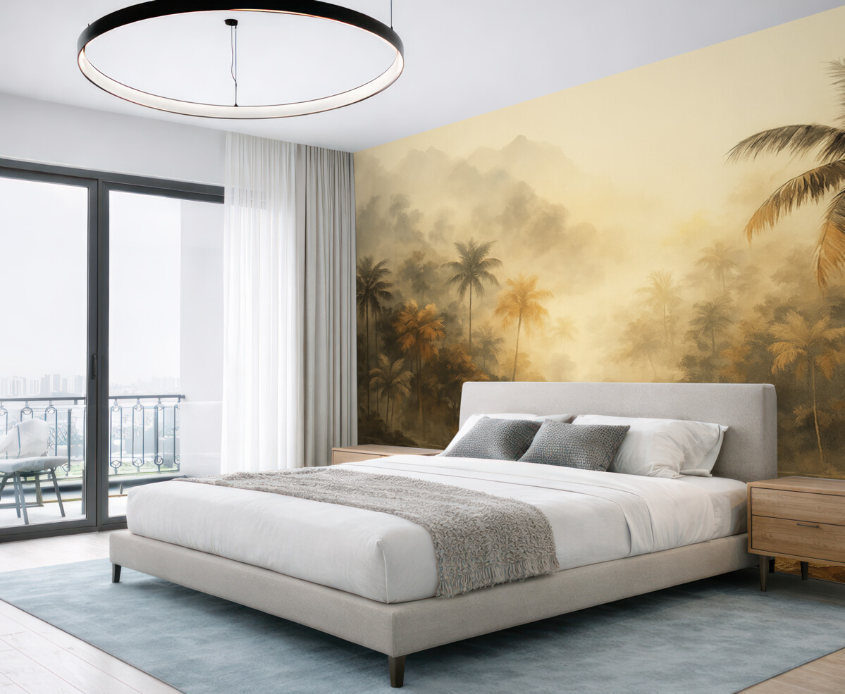 Fototapeta Tropikalny las z palmami o poranku.