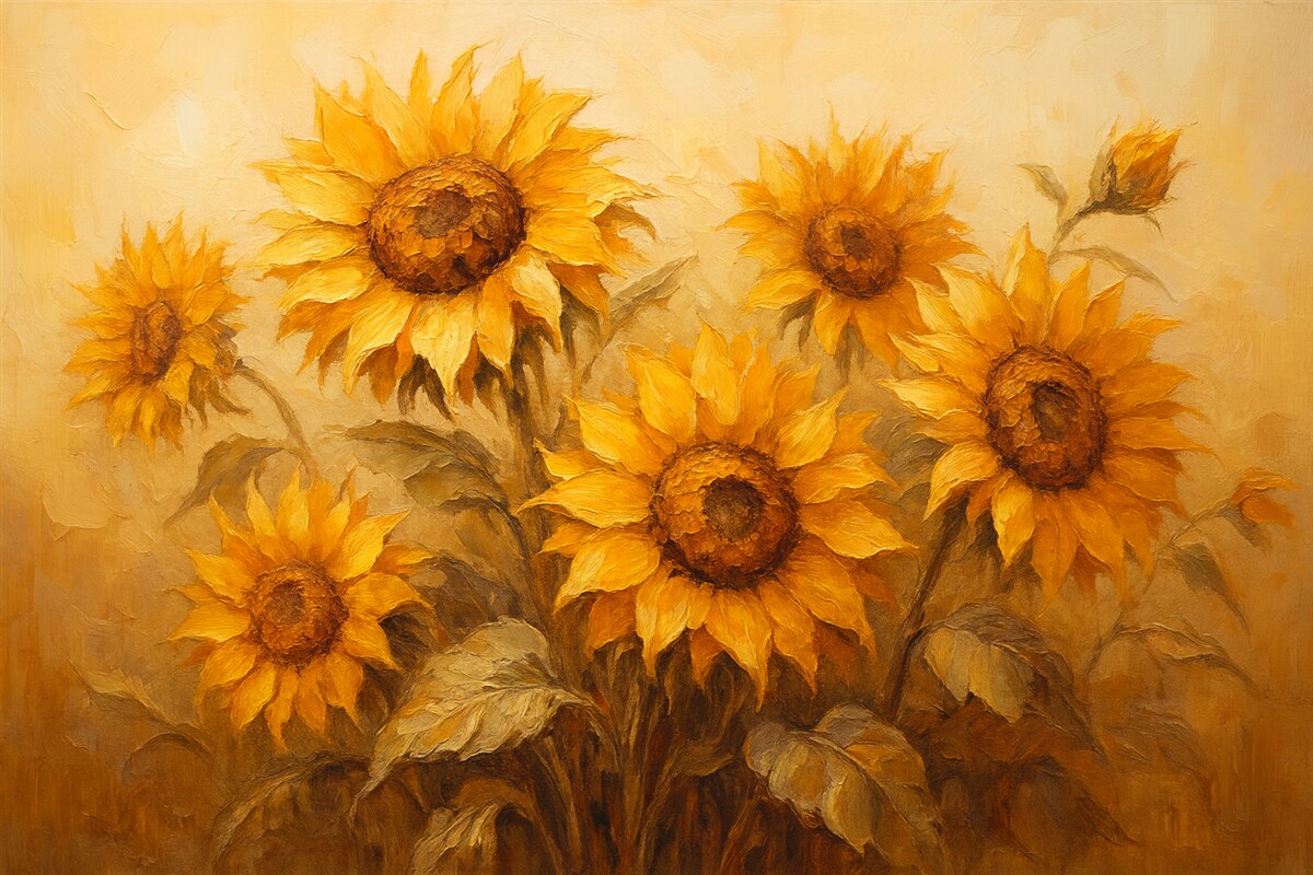 Fototapeta Kwitnące słoneczniki naśladujące malarstwo olejne.