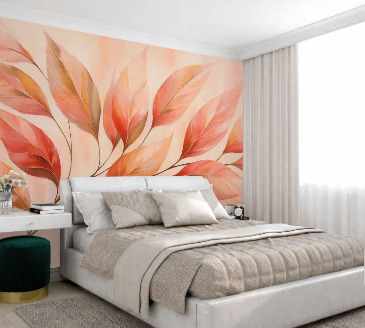 Fototapeta Gałązka z różowymi foliami na abstrakcyjnym tle przypominającym obraz.