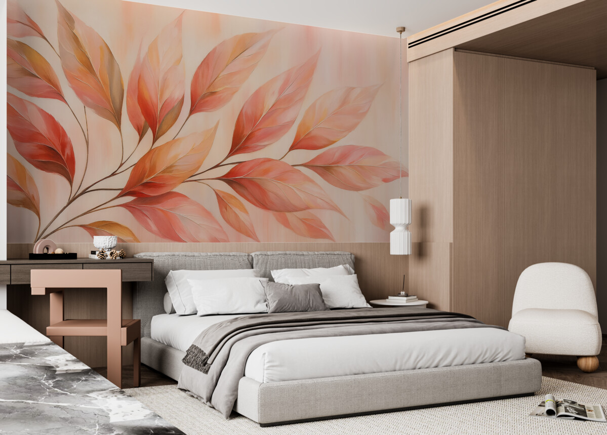 Fototapeta Gałązka z różowymi foliami na abstrakcyjnym tle przypominającym obraz.