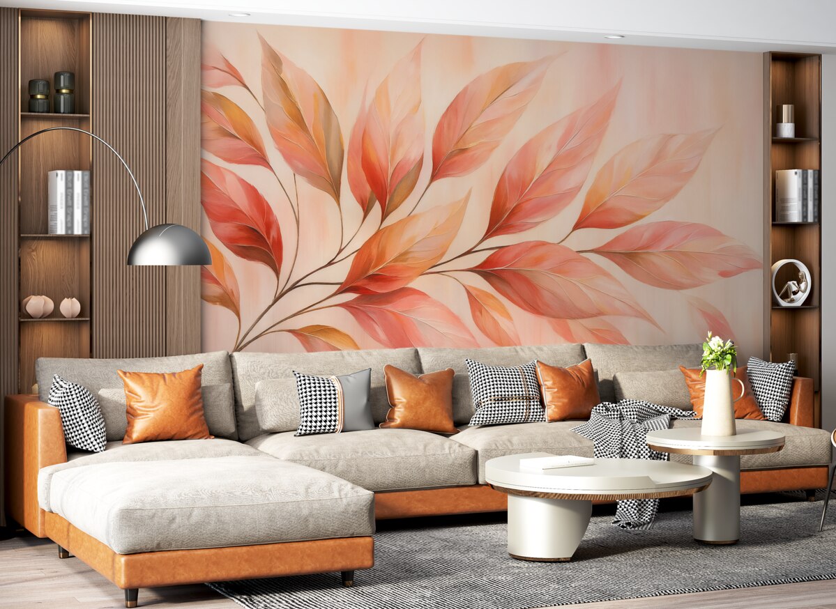 Fototapeta Gałązka z różowymi foliami na abstrakcyjnym tle przypominającym obraz.