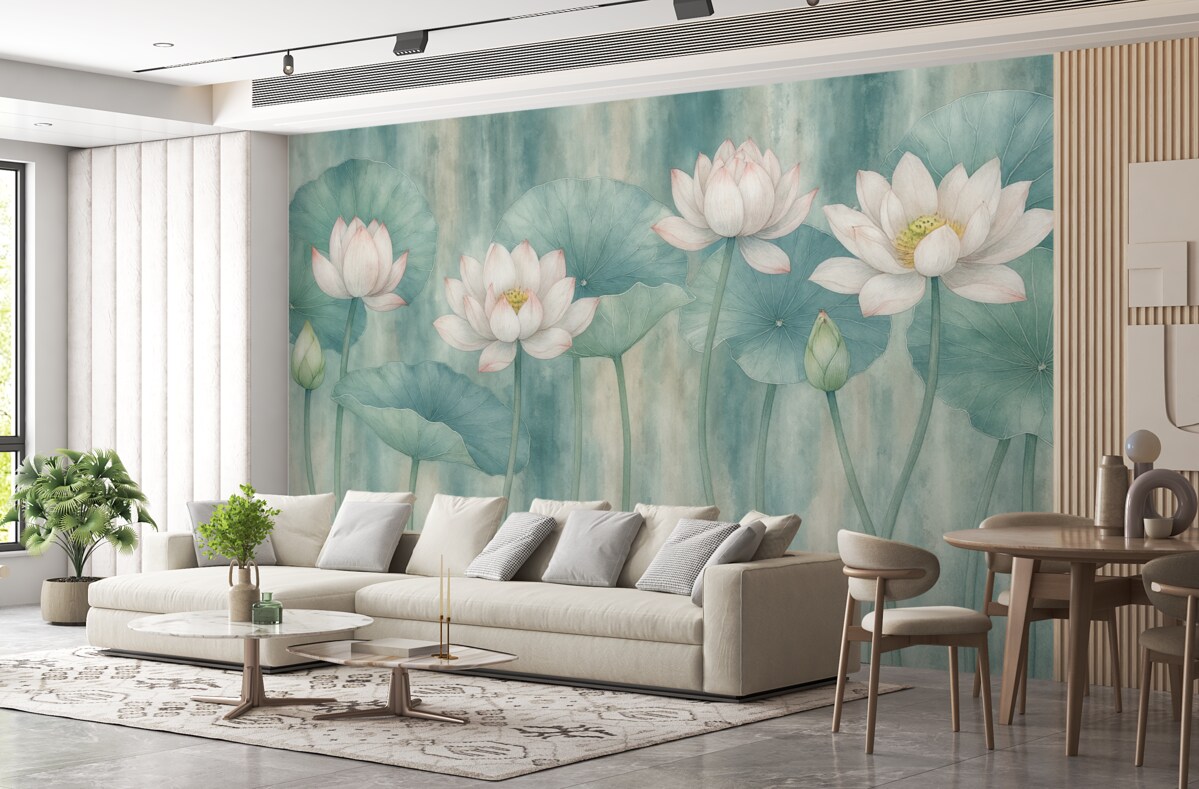 Fototapeta Kwiaty oraz liście lotosu na ścianie w stylu grunge.