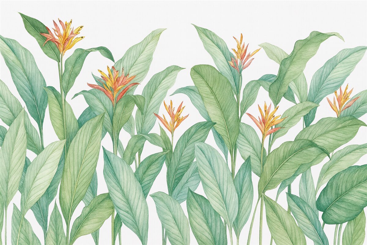 Fototapeta Liście tropikalne z kwiatami.