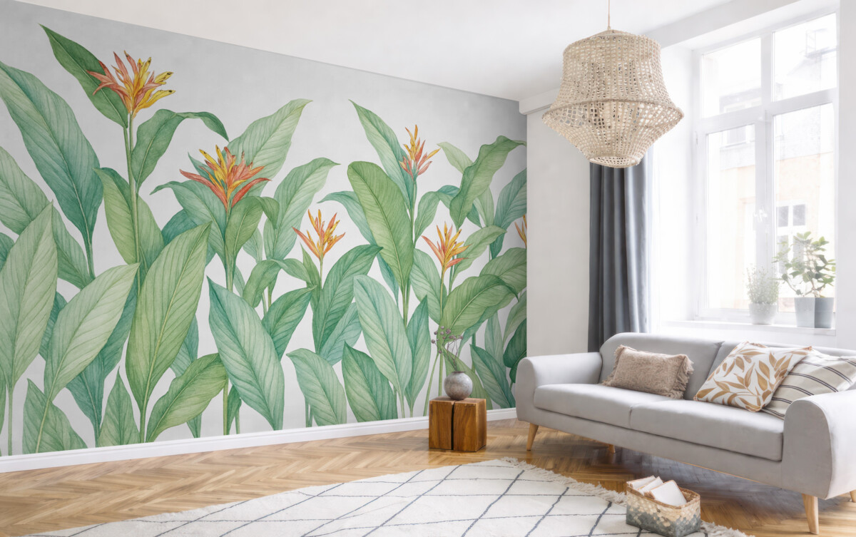 Fototapeta Liście tropikalne z kwiatami.